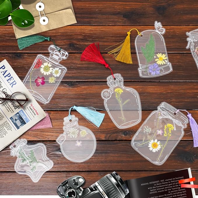 Large Size Bookmark Set, Pressed Flowers Bookmark Set, Bookmarks Making kit, Include Real Flowers Leaves, Cute Glass Bottle Shape, Handmade DIY with Tweezers Puncher Colorful Tassels