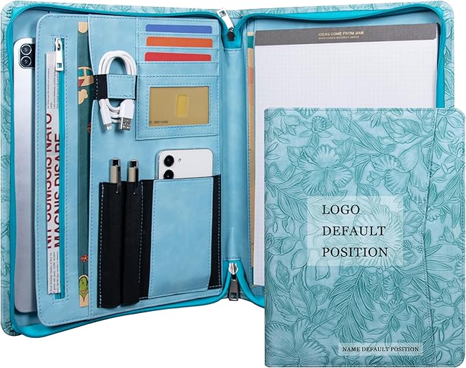 AZXCG Free Engraved Name, Personalized Padfolio Folio, Embossed PU Leather Portfolio with Zipper, Professional Document Organizer with A4 Notepad Holder, Gift for Women/Men, Customized(Light Blue)