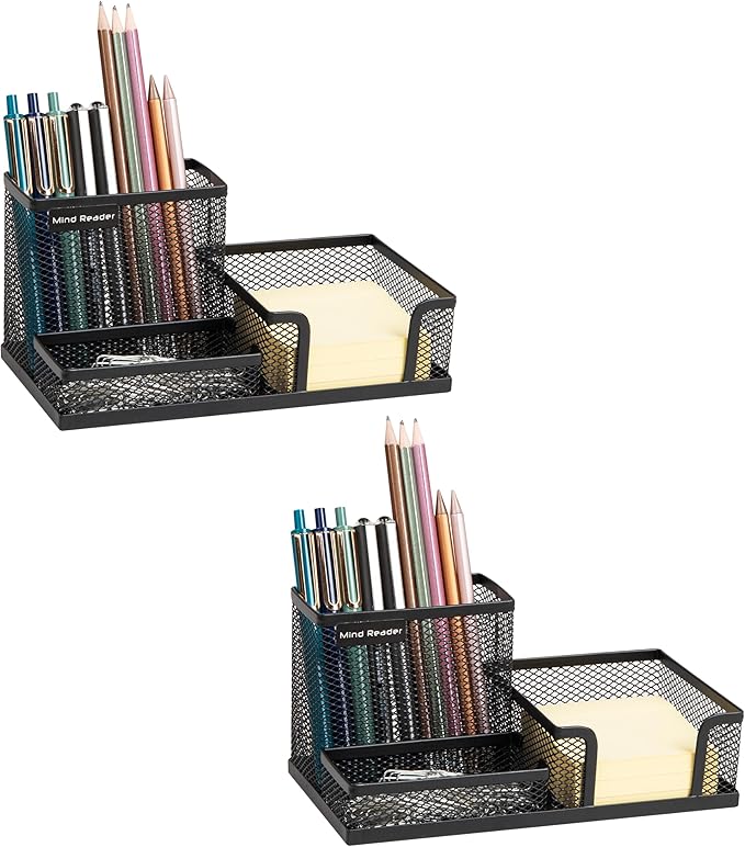 Mind Reader Desktop Organizer, Pen Holder, Clip Basket, Storage, Office, Metal Mesh, 8.07"L x 4.13"W x 3.94"H, Black