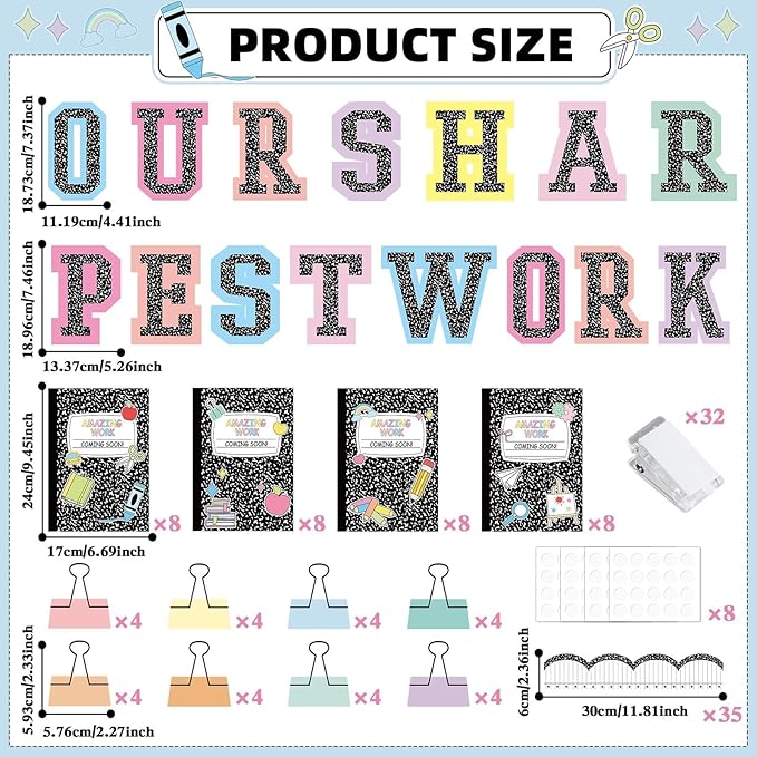 Wiooffen 154 Pcs Student Work Display Bulletin Board Set Cutouts with Clips Names Display Inspirational Student Works Classroom Wall Decor for Teachers Back to School Supplies Composition Notebook