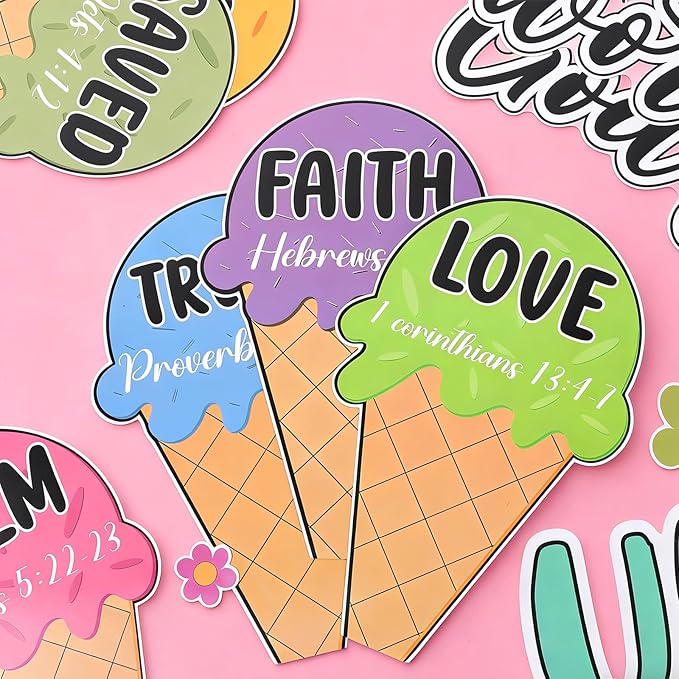 Summer Religious Bulletin Board Set Christian Bible Verse Classroom Decoration Summer Ice Cream Bulletin Board Inspirational Jesus Paper Cutouts for Sunday School VBS Church Home Chalkboard Wall Decor