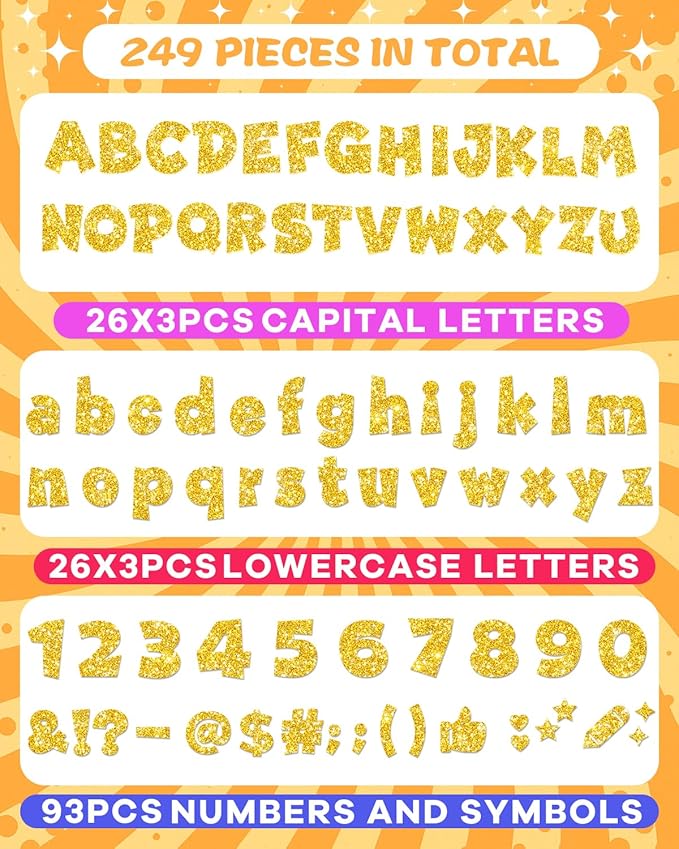 249 Pcs Glitter Bulletin Board Letters Numbers and Punctuation, 4 Inch Alphabet Poster Board Cardboard Letter Cutouts with Adhesive Dots for Classroom Bulletin Board School Decorations (Yellow)