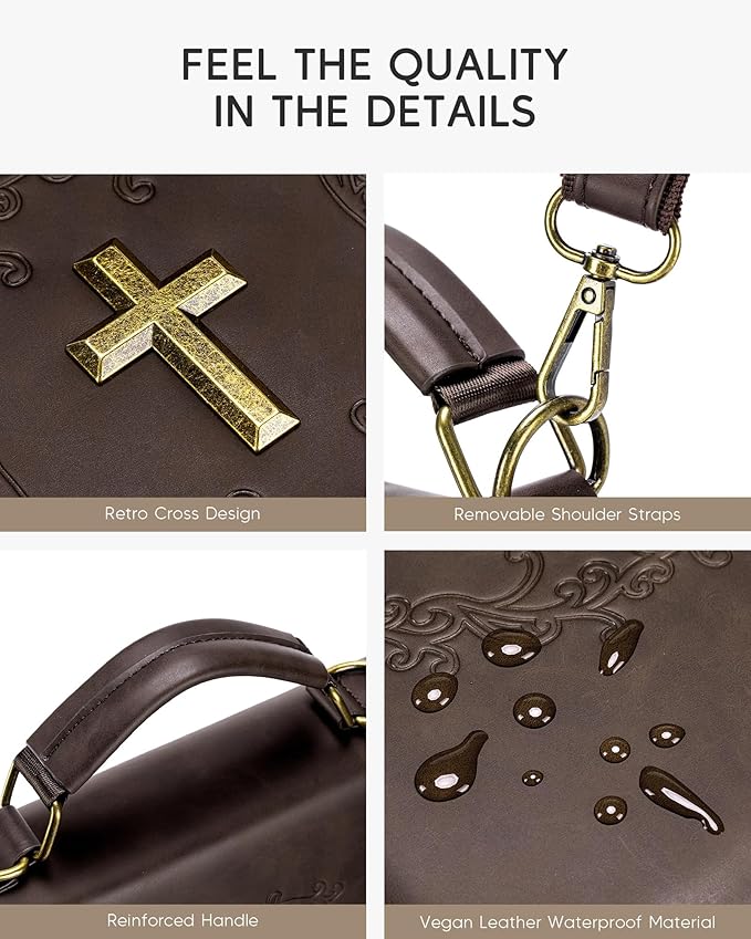 Large Bible Cover Case with Shoulder Strap Plush Velvet Lining Vegan Leather Bible Bag with Handle for Men Women Christian Gift Brown