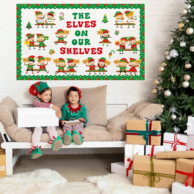 Christmas Elf Bookshelf Bulletin Board Set Elves On Our Shelves Classroom Decorations Xmas Elf Paper Cutouts Red Green Bulletin Board Border for School Wall Xmas Holiday Party Decor Teacher Supplies