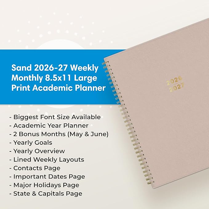 Blue Sky 2026-2027 Large Print Weekly and Monthly Academic Year Planner Calendar, July 2026 - June 2027, 8.5" x 11", Flexible Cover, Wirebound, Storage Pocket, Laminated Tabs, Sand