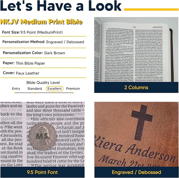 Custom Personalized Brown NKJV Kids Holy Bible | Medium Text | Engraved Name On Cross Emblem Faux Leather Cover | New King James Version