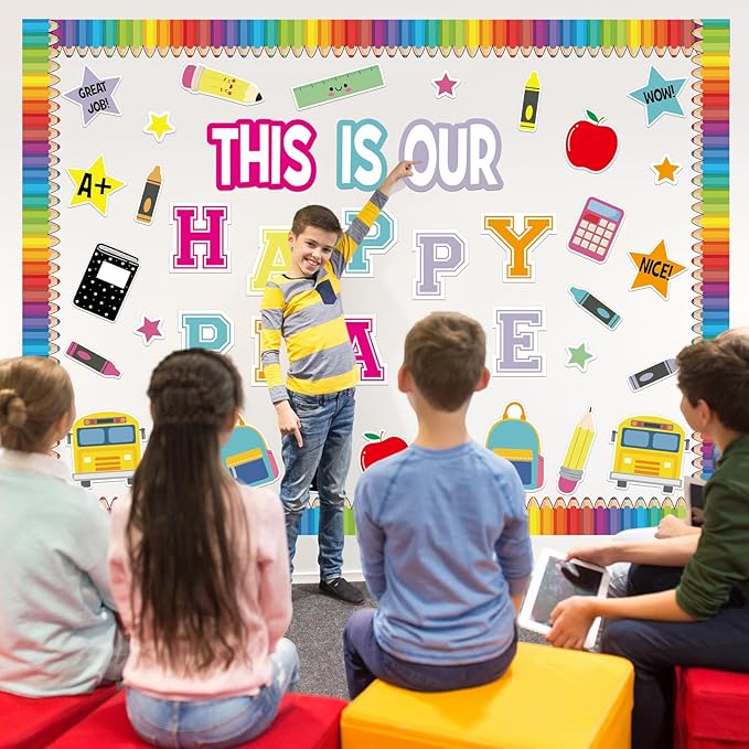 Mooliwe This is Our Happy Place Classroom Decor Welcome Back to School Bulletin Board Set DIY Paper Die Cuts Decorating Supplies for First Day of School Craft Classroom Wall Decor