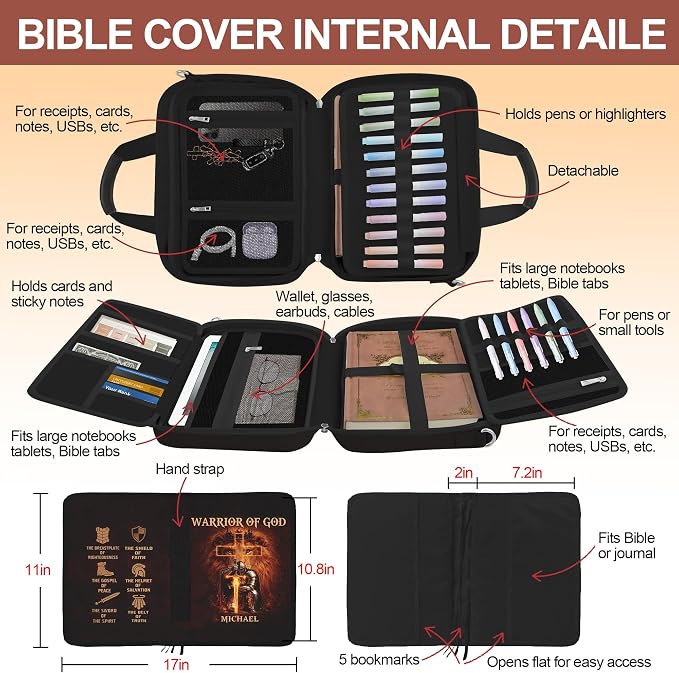 God Bible Cover Case for Boys Men Kids,God Says I Am Bible Canvas Carrying Case Bag with Detachable Shoulder Strap, Pens and Highlighters Cross Clips for Bible Study & Church