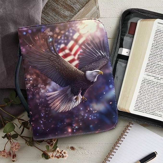 Bible Cover Case Women Men Bible Bag with Bookmark Bible Carrying Case,Bald Eagle and American Flag,Small