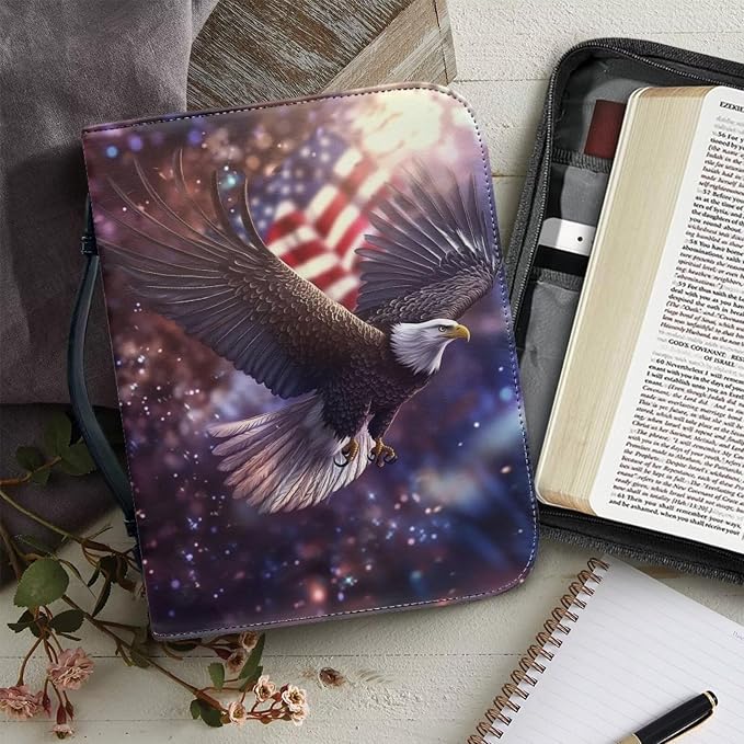 Bible Cover Case Women Men Bible Bag with Bookmark Bible Carrying Case,Bald Eagle and American Flag,Medium