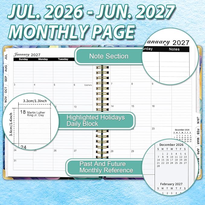 2026-2027 Planner from Jul 26-Jun 27, 6.3" X 8.5" Hardcover Agenda Planner, Daily Planner Spiral Bound, Daily Journal Organizer with Inner Pocket, Bookmark, Perfect for Home, Office, Students