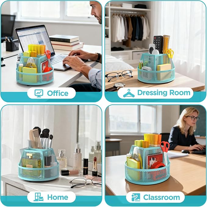 Docnest 360° Rotating Pen Holder,Heavy-Duty Metal Mesh Desk Organizer with 6 Compartments for Pencils,Scissors & Markers –Space Saving Office Supply for Teachers, Students & Home Desk-Blue