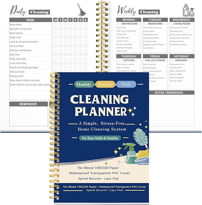 Cleaning Planner & Chore Checklist Organizer – Monthly Weekly Daily Cleaning Schedule Notebook, No-Bleed 100GSM Paper, Waterproof Transparent PVC Cover, Spiral Bound Home Cleaning Planner for Busy Families