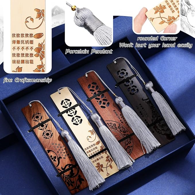 Outus 4 Pieces Wooden Bookmarks for Men Women Employee Father's Day Appreciation Gifts for Men Back to School Gifts Vintage Handmade Natural Carving for Book Lovers Birthday(Vibrant Style)