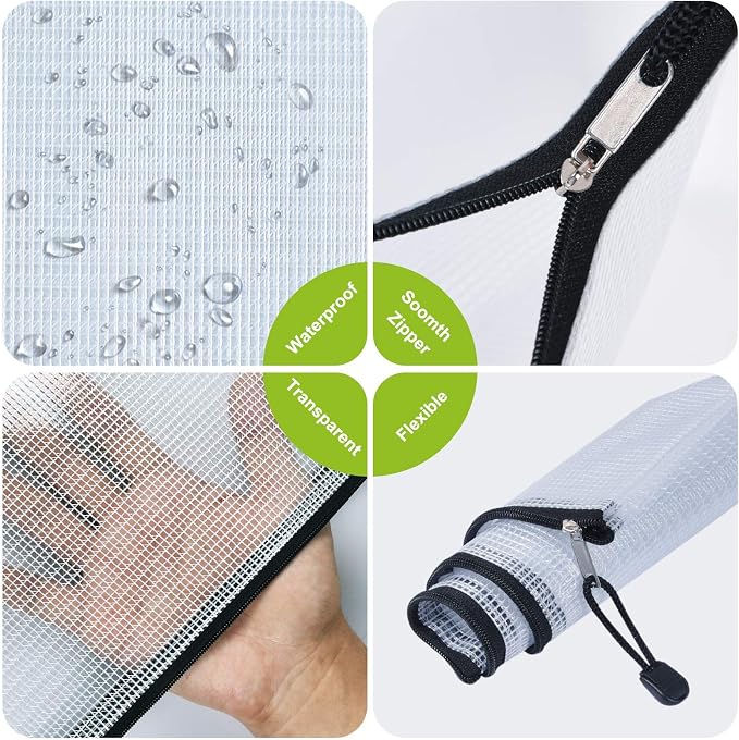 12 Pcs Plastic Mesh Zip File Bags, Waterproof Tear-Resistant Document File Folders, A4 Size Zipper Documents Pouch Document Organizer Bags for School Office Home Travel Storage(13.5×9.5Inch)