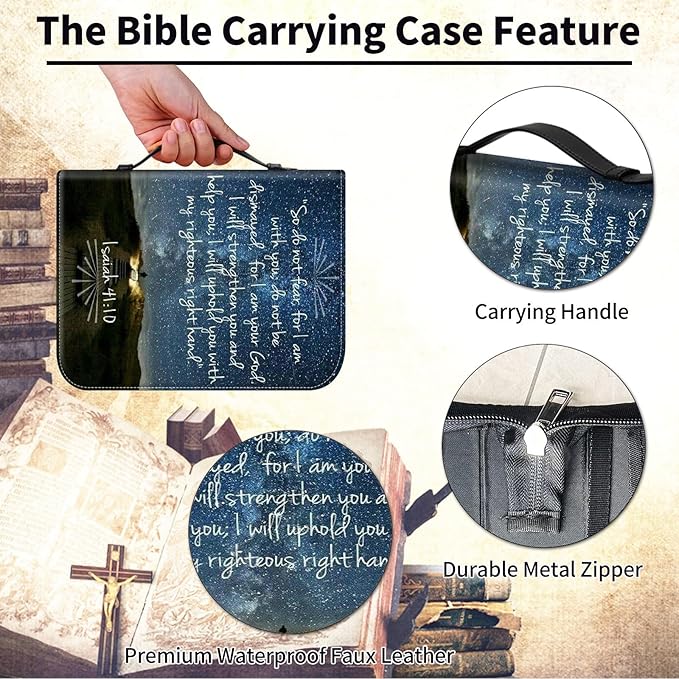 Bible Cover for Men,Large Leather Bible Case Fit Book Up to 11x8x2 Inch,Quotes Verse Isaiah 41:10 Bible Study Carrier Church Bags w/Handle & Zipper