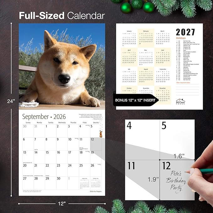 MICASA PRESS Shiba Inu Puppies 2026 Wall Calendar 12 Month | 12" x 24" Open | Thick & Sturdy Paper | Giftable | Cute Puppy Dog Calendar 2026