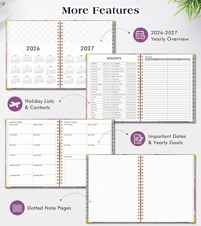 Planner 2026-2027, 18 Months Weekly and Monthly Hardcover Planner, January 2026 - June 2027, 5.75" x 8.38" A5 Daily Calendar Planner Book with Tabs, Spiral Yearly Agenda Organizer Notebook for School Work Home, Purple Marble