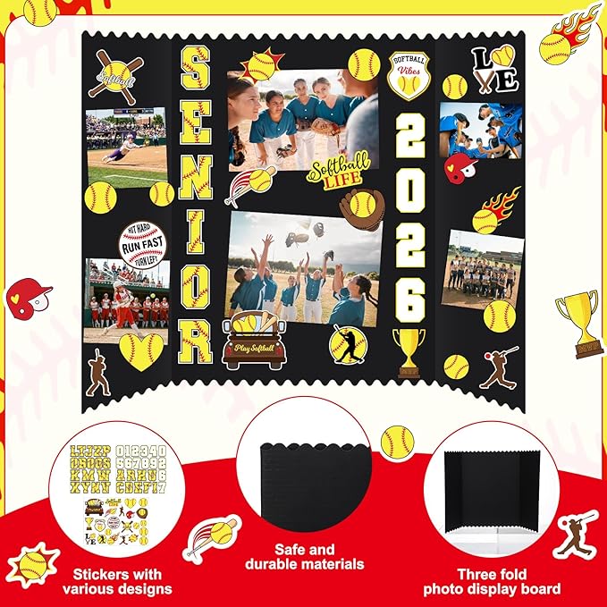 Tinlade 3 Set Softball Senior Night Gifts Senior 2026 Photo Display Board 24" x 16" Trifold Poster Board with Softball Themed Stickers for Graduation Picture Frame Sport Theme Party Supplies