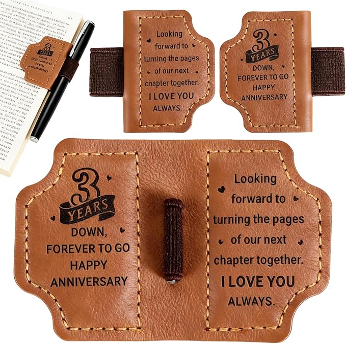 3 Year Anniversary Leather Gifts for Him Her - 3rd Wedding Anniversary Traditional Gifts for Wife Husband Girlfriend Boyfriend, Unique Leather Bookmark for Women Men Book Lovers, Leather Anniversary