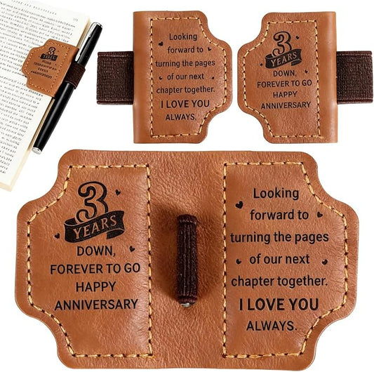 3 Year Anniversary Leather Gifts for Him Her - 3rd Wedding Anniversary Traditional Gifts for Wife Husband Girlfriend Boyfriend, Unique Leather Bookmark for Women Men Book Lovers, Leather Anniversary