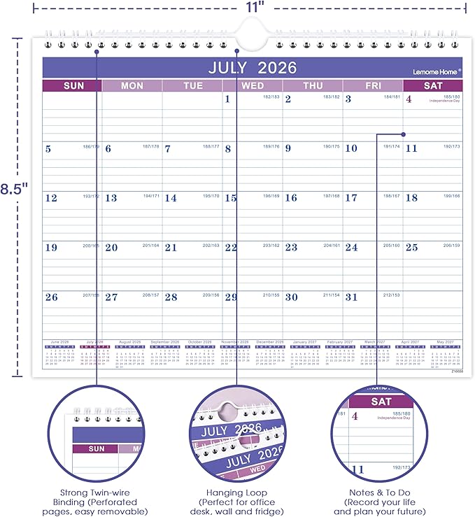Wall Calendar 2026-2027 - Calendar 2026-2027, Jul. 2026 - Dec. 2027, 11" x 8.5", 18 Monthly Calendar 26-27, Hanging Hook + Ruled Blocks - Purple