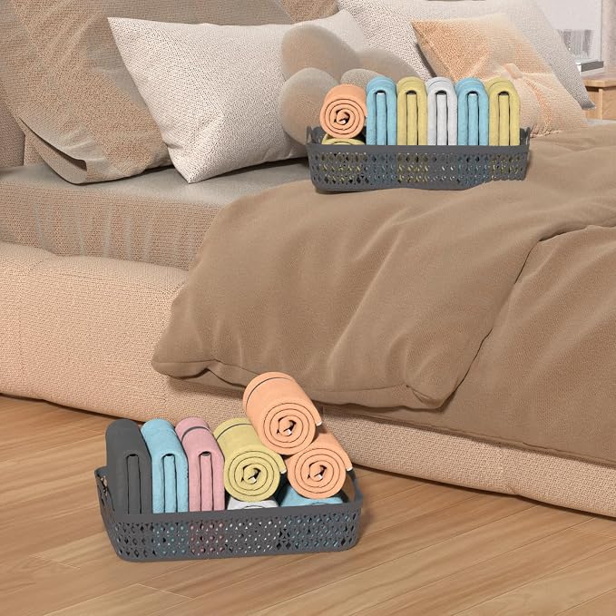 Kekow Plastic Storage Tray Basket with Handle, Set of 6, 13.22" x 10.23" x 2.95", Gray