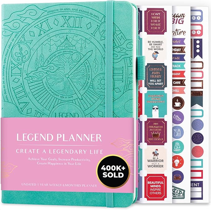 Legend Planner – Undated Weekly & Monthly Life Planner to Hit Your Goals & Live Happier, Organizer Notebook & Productivity Journal, A5 (Aquamarine)