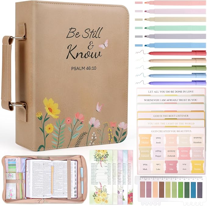 XKDOUS Bible Cover Case for Women 24 Pcs Bible Bags Kit w/Bible Accessories Study Supplies Carrying Book Case with Strap Large Church Book Holder Christian Gifts for Mom Lady Friends