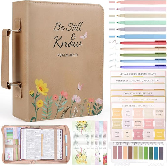 XKDOUS Bible Cover Case for Women 24 Pcs Bible Bags Kit w/Bible Accessories Study Supplies Carrying Book Case with Strap Large Church Book Holder Christian Gifts for Mom Lady Friends