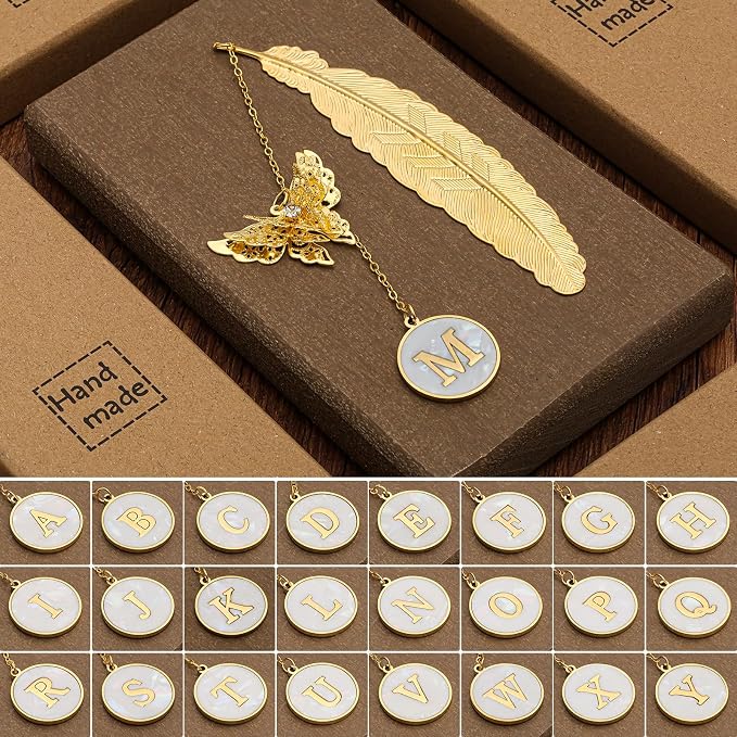Personalized Initial Metal Butterfly Feather Bookmark for Women Girls Readers Book Lover Birthday Gifts for Women Her Teacher Girlfriend Wife Mom Sister Friend Daughter (Letter M)