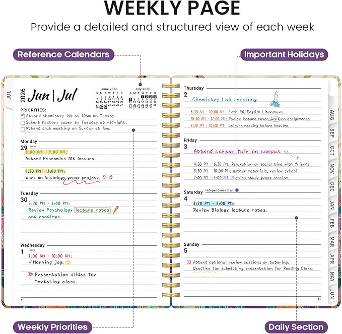 Planner 2026-2027, Academic Monthly and Weekly Calendar Planner for Women, July 2026 - June 2027, Hardcover Pretty Agenda Planner Book with Tabs, Spiral Daily Organizer for School Office Home Supplies, 6.3" x 8.5" - Hummingbird Garden