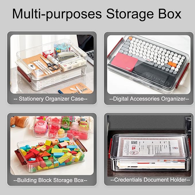 Clear File Storage Box with Lids, A4 Storage Box for 8"x11" Paper, Plastic A4 Container, Stackable Magazine File A4 Paper Project Case Bins, Desk Organizer Office Invoice Document