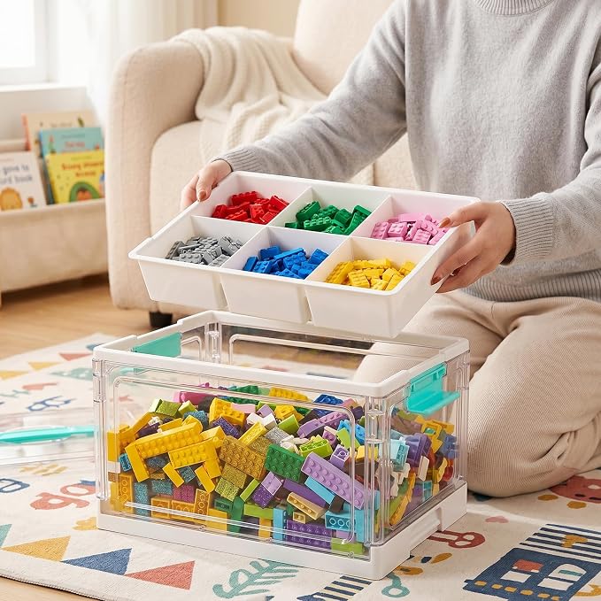 Tebery 2 Tier Plastic Craft Storage Organizer, Clear Foldable Arts Supply Container Box with Adjustable Dividers, Portable Sewing Tools Bin with Lids and Handle for Home, Office, Travel