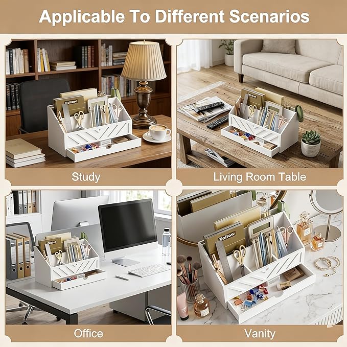 SRIWATANA White Mail Organizer Countertop, 5 Slots Mail Holder with Drawer, Office Desk Organizer, Letter Sorter File Bill Holder Paper Storage for Home Office School