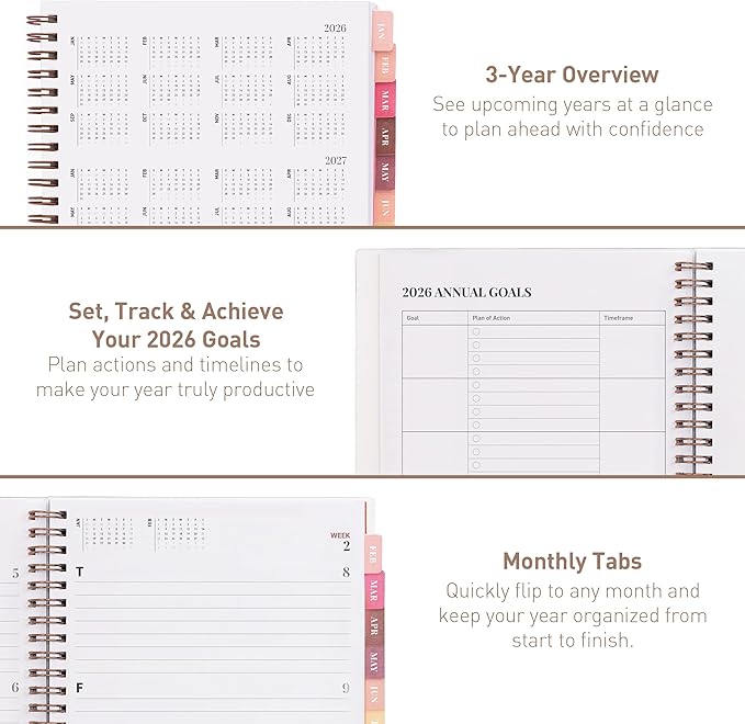 Rileys 2026 Planner, Agenda Planner With Weekly And Monthly View, Daily Agenda Book And Yearly Planners Calendar Book, Spiral Bound With Tabs, Notes, Goals And Holidays (Float, Beige, 8 x 6 in)