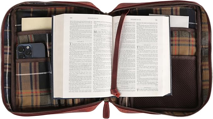 Leather Bible Cover for Men & Women – Zippered Bible Case with Handle, Note & Pen Organizer – Fits Large Study Bible – 11.5x8.5 Inch (Red)