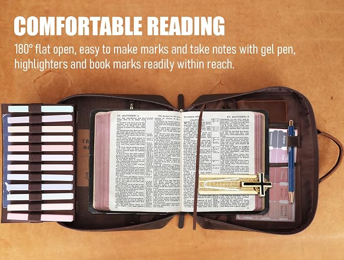 STAR VISTA Benedictus Full Grain Leather Bible Cover, Church Book Bag with Detachable Highlighter Panel, 12-Color Highlighter Set, Gel Pen & Bible Index Tabs Included