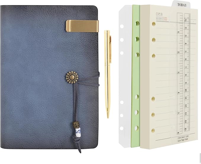 Wonderpool Leather Journal Lined Paper Notebook & Pen - Refillable 6 Ring Binder Writing Spiral Diary with Ruled Notepads Vintage Cover for Office Travel Work and Plan Agenda (A6, a-Mist blue)