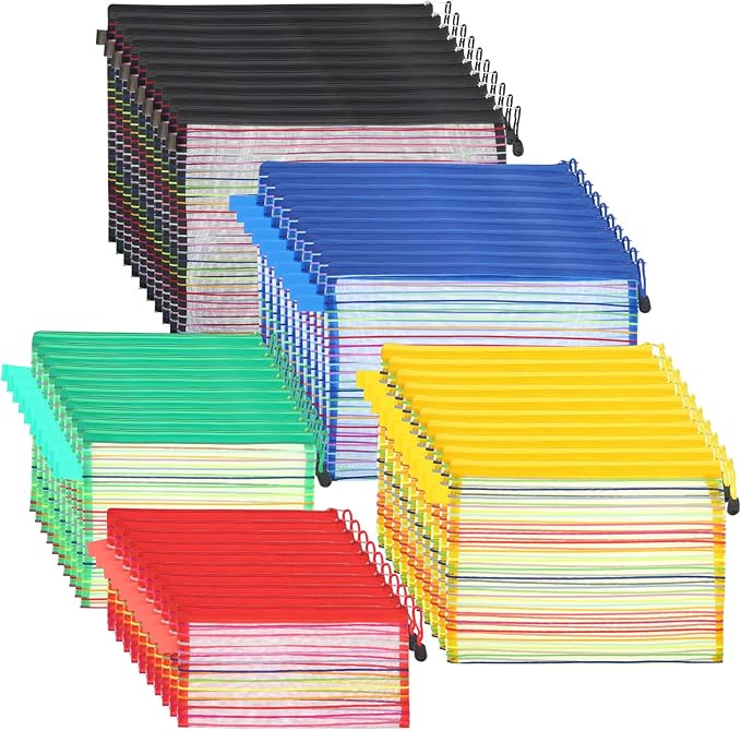 Twistover 50 Pcs Mesh Zipper Pouch Bag Bulk for Organizing 5 Sizes, 5 Color Large Small Mesh Travel Organizer Pouch Cosmetic Purse Toiletry Case Multipurpose Makeup File Storage for Home Office Supply