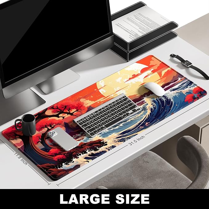 BOSOBO Large Desk Mat, Extended Gaming & Office Home Mat, Long Keyboard Mat, Desktop Full Cover 31.5 x 11.8 Inches, Anime Japan Kanagawa Wave