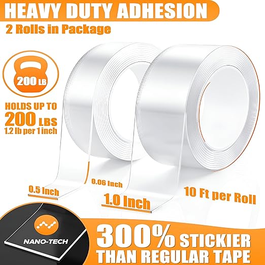 2026New Extra Strong Double Sided Tape Heavy Duty (2 Rolls,Total 20 FT),Clear Removable Two Sided Adhesive Mounting Tape for Poster,Rug,Picture Hanging Strips,Office & Outdoor