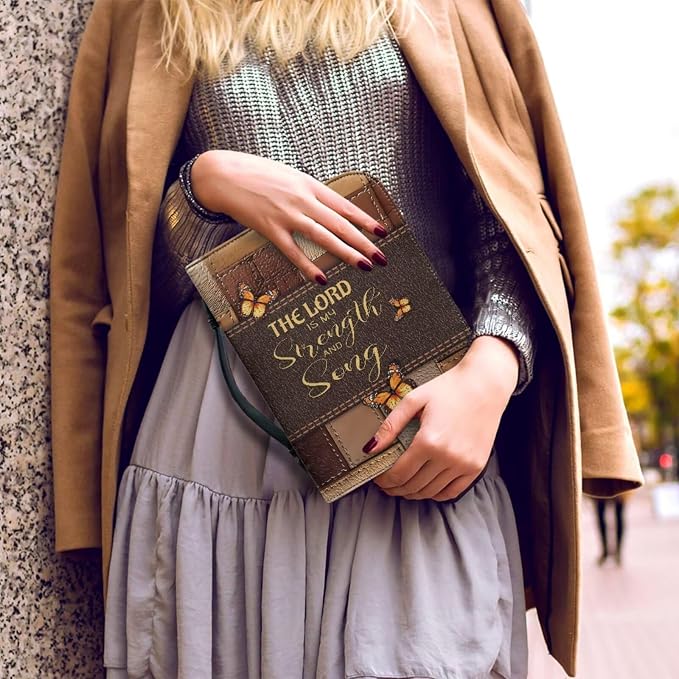 Vintage Butterfly and Cross Bible Case with Bookmark Waterproof Bible Cover Case for Women Lightweight Bible Bag with Handle Pockets Church Book Bag Brown
