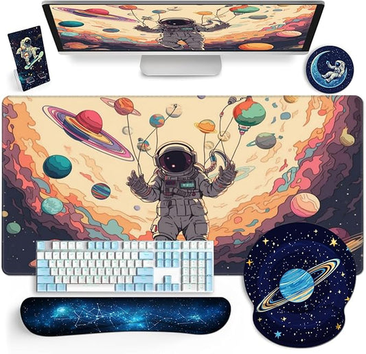AQQA 5-in-1 Large Gaming Mouse Pad, Mousepad with Wrist Support Set- Ergonomic Gaming Desktop Mouse Pad Wrist Rest - Cup Coaster, Keyboard Mouse Mat, Desk Pad with Stitched Edges,Universe