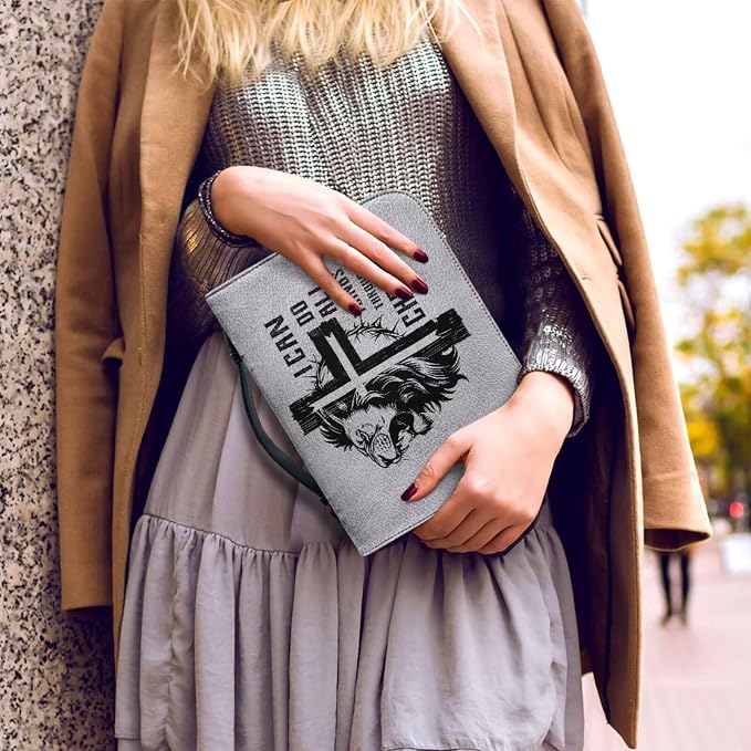 Vintage Cross and Lion Bible Case with Bookmark Waterproof Bible Cover Case for Women Lightweight Bible Bag with Handle Pockets Church Book Bag Grey