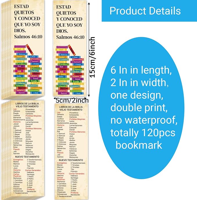 120pcs Spanish Books of The Bible Bookmarks Religious Christian Bookmarks Bible Verse Scripture Reading Bookmark Prayer Gospel Tracts for Evangelism Church Office Home Gifts (LIBROS DE LA BIBLIA)