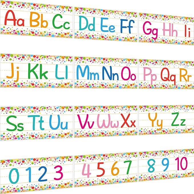 12 Pieces Alphabet Bulletin Board Strips Set Alphabet Line ABC Alphabet Banner & Number Border Posters for Preschool Kindergarten Classroom Playroom Bedroom (Confetti)