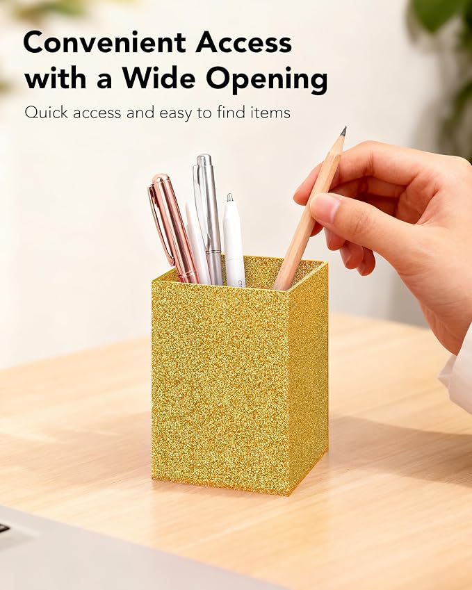 Gold Acrylic Pen Holder, Acrylic Makeup Brush Storage Organizer, Pencil Pen Holder for Desk, Modern Desktop Accessories for Office School Home Supplies