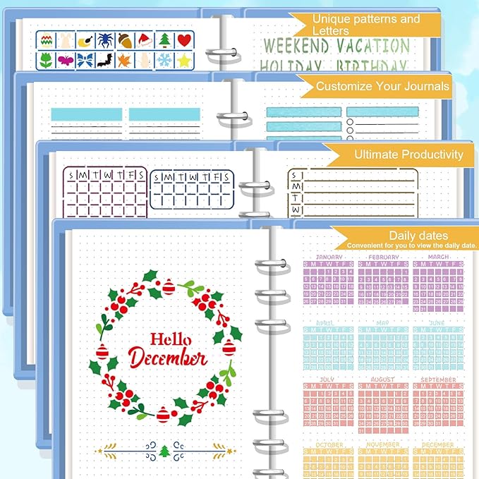 GYGOT 36 PCS Planner Stencils,Plastic Bullet Journals Stencils Journaling Supplies Bujo Accessories for A5 Dotted Journals,Incl. Ultimate Productivity/Seasonal Themes/Calendar Stencil