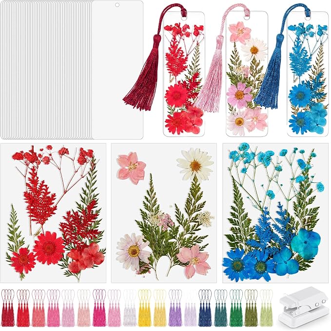 Fuyoooo 61 Pcs Dried Flower Bookmark Making Kit, DIY Bookmark Laminating Pouches with Tassels and Puncher, Handmade Craft Kit for Women, DIY Gifts for Book Lovers (Red Pink Blue,2 x 6 Inch)